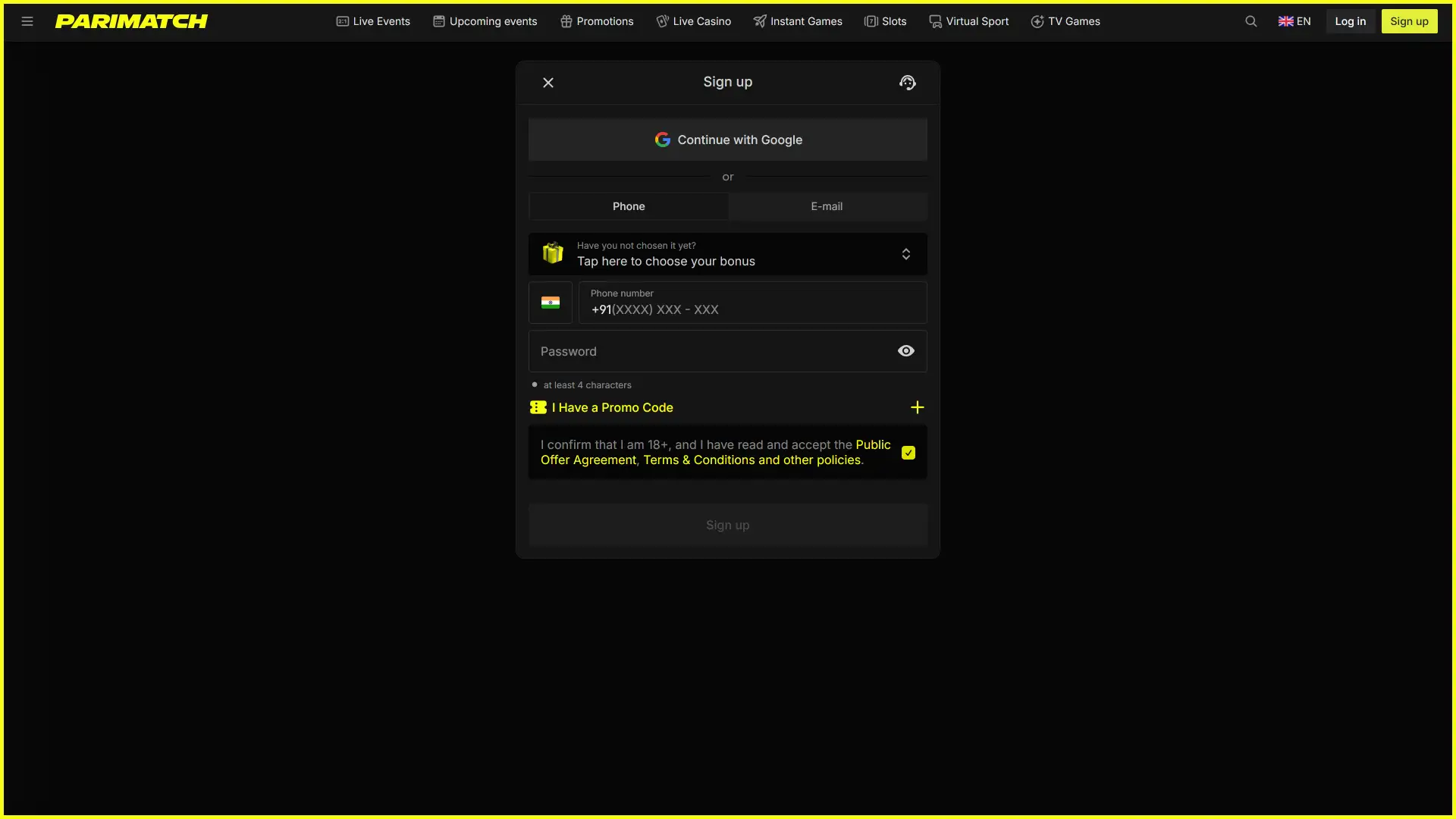 Check the easy registration form on Parimatch to create an account.