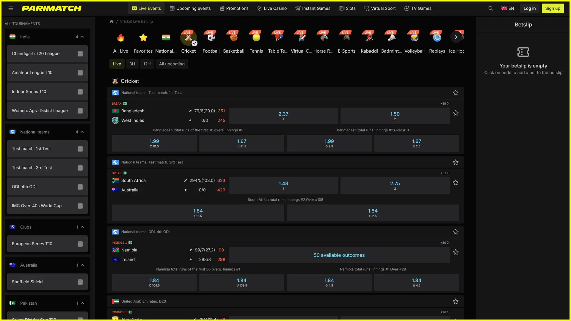 View the Parimatch sports betting dashboard to place winning wagers.